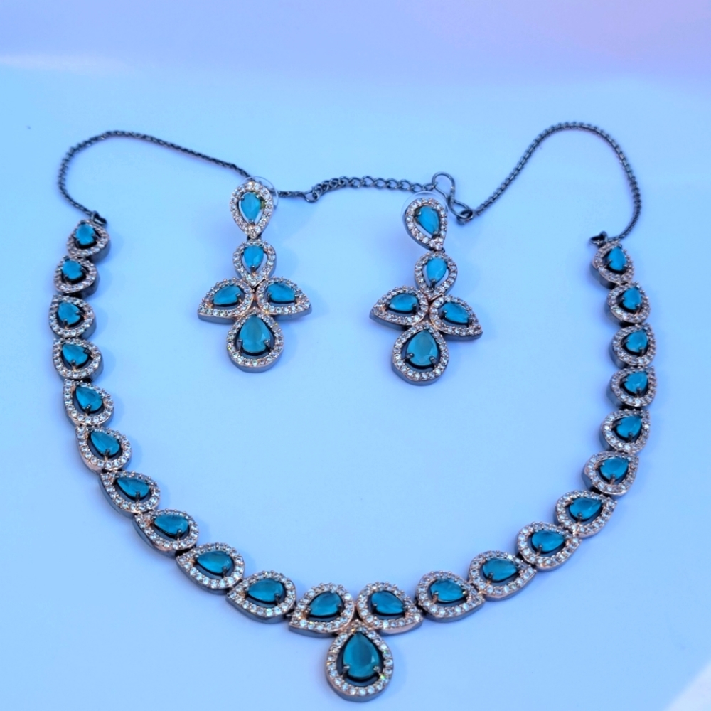 Cubic zirconia Aqua Blue Statement Necklace| AD Simple Necklace with Earrings|OV